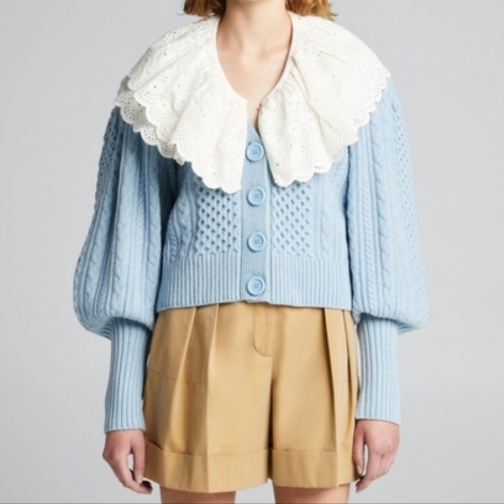 Sea NY Melanie cable-knit cropped cardigan light blue wool Broderie Collar XS